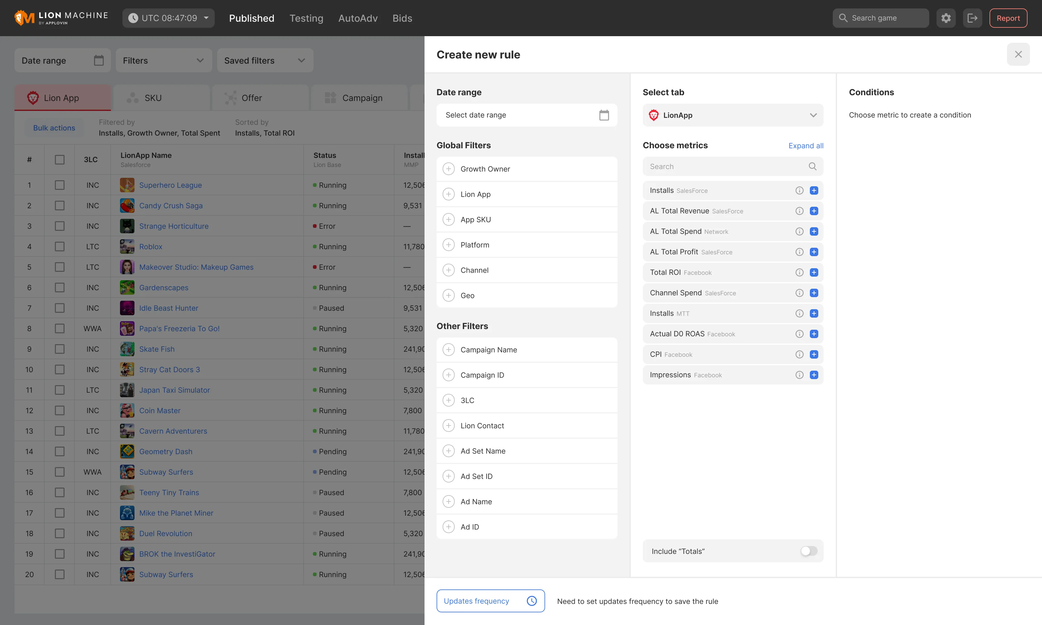 Creating an alert rule from filters, metrics, and conditions