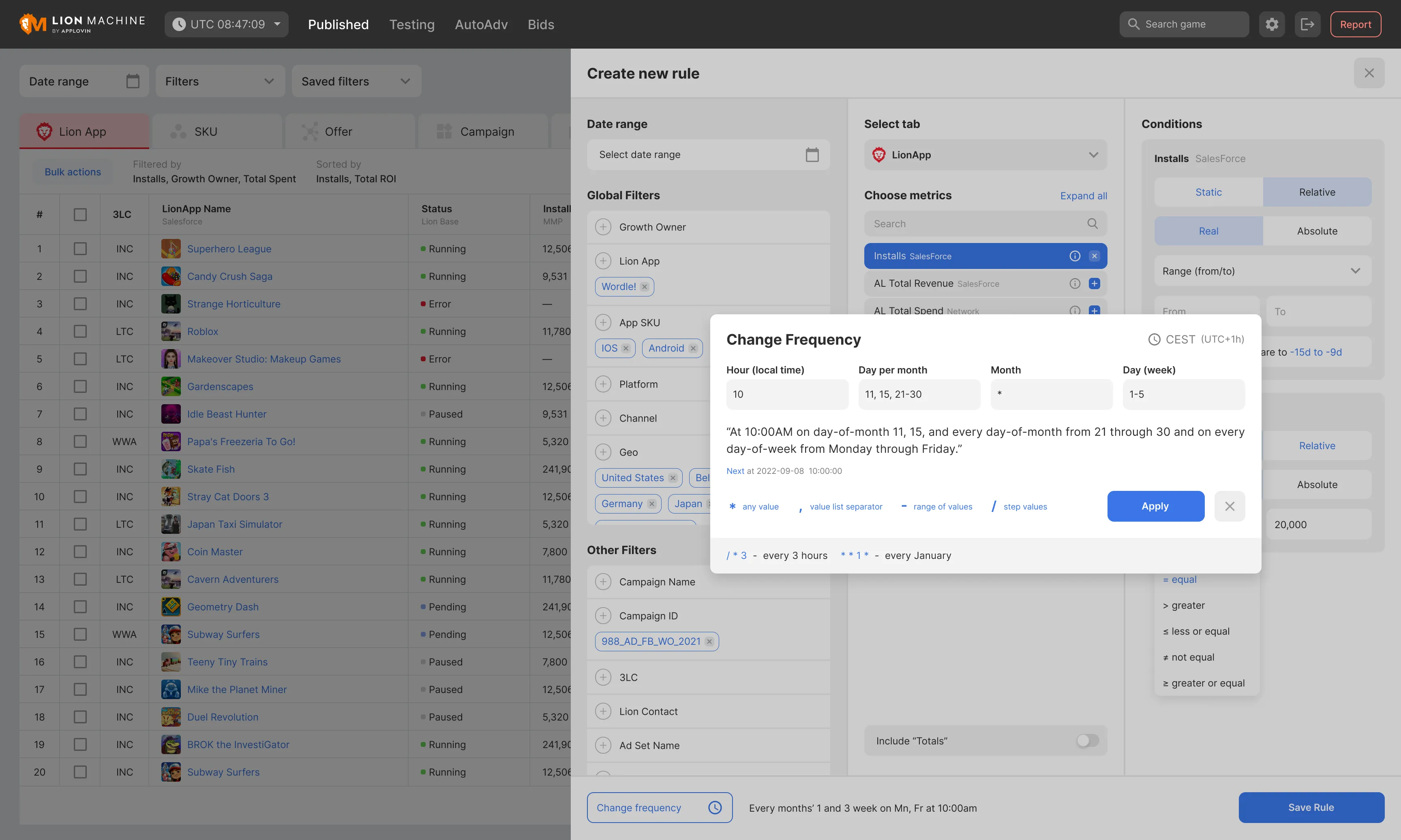 Schedule editor with a plain-language readout of when the rule runs