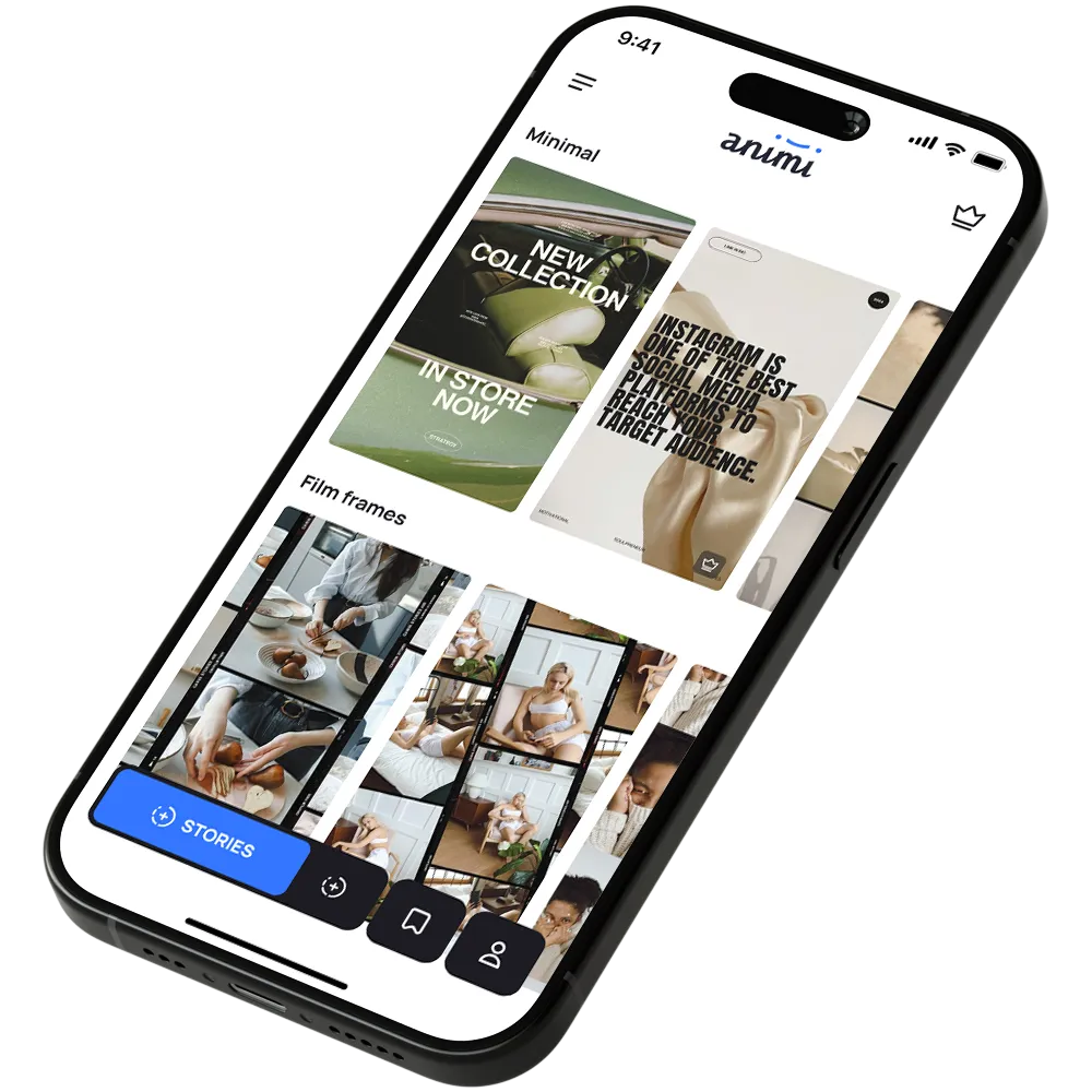 Animi app home screen with story templates on an iPhone