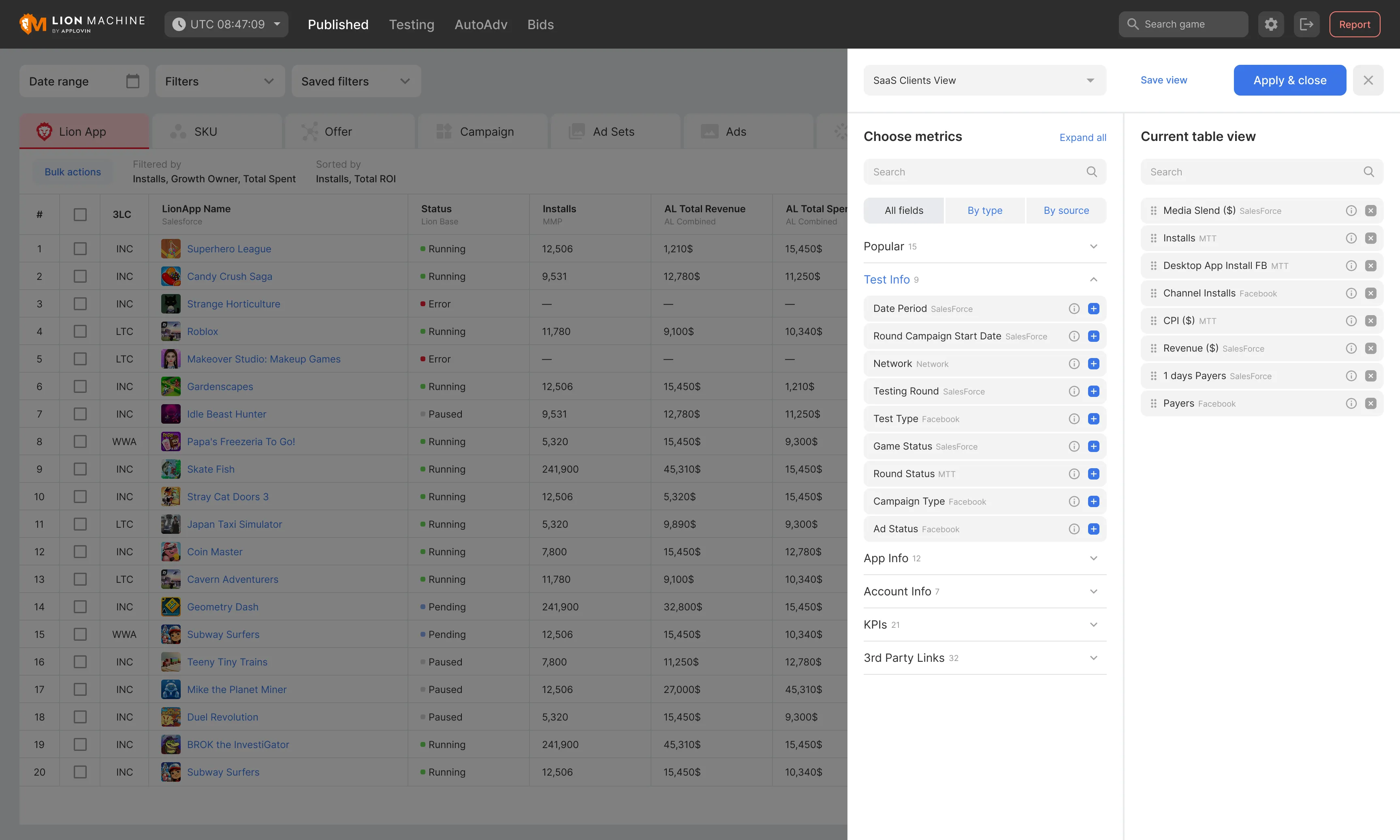 Column configurator with metrics grouped by source