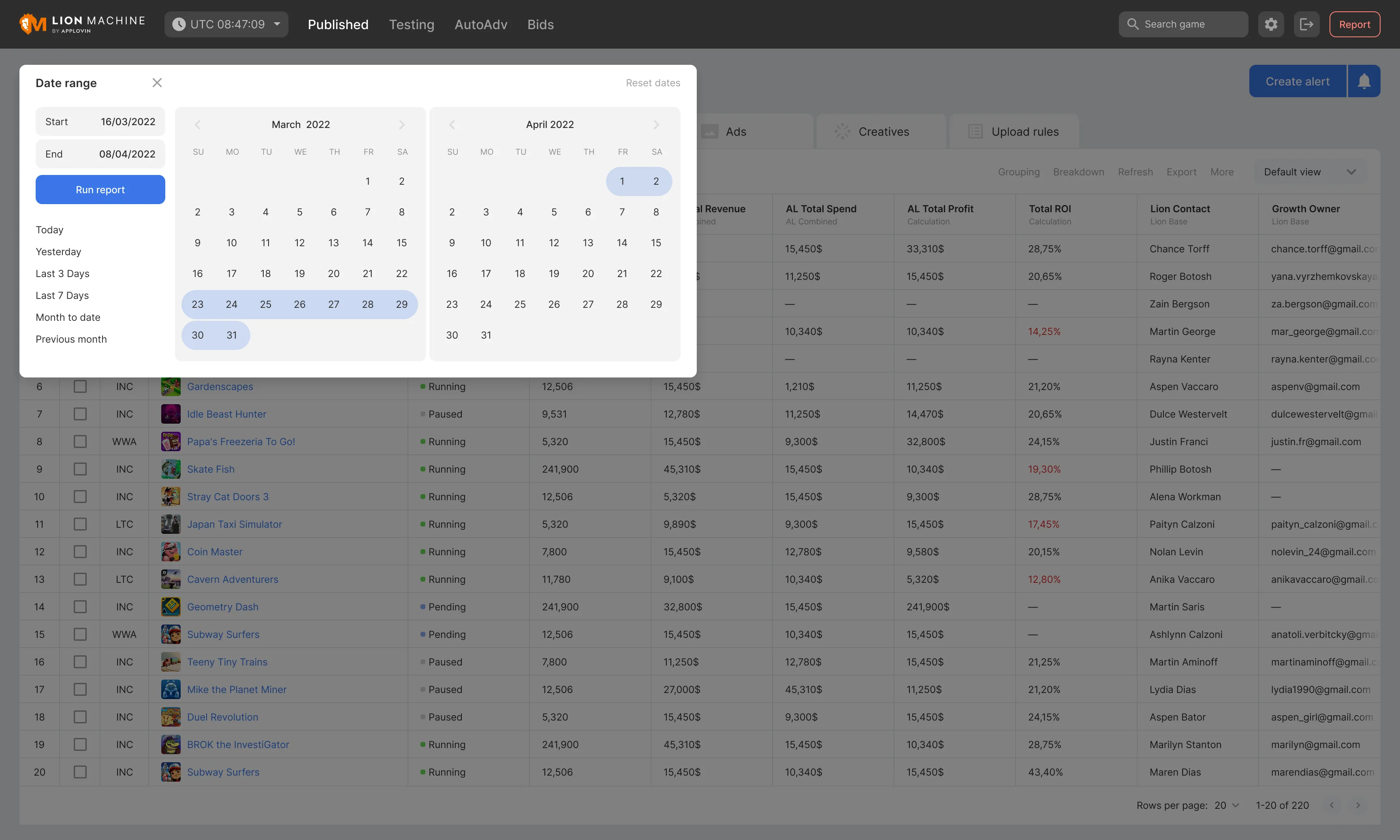 Date range picker with presets over the campaign table