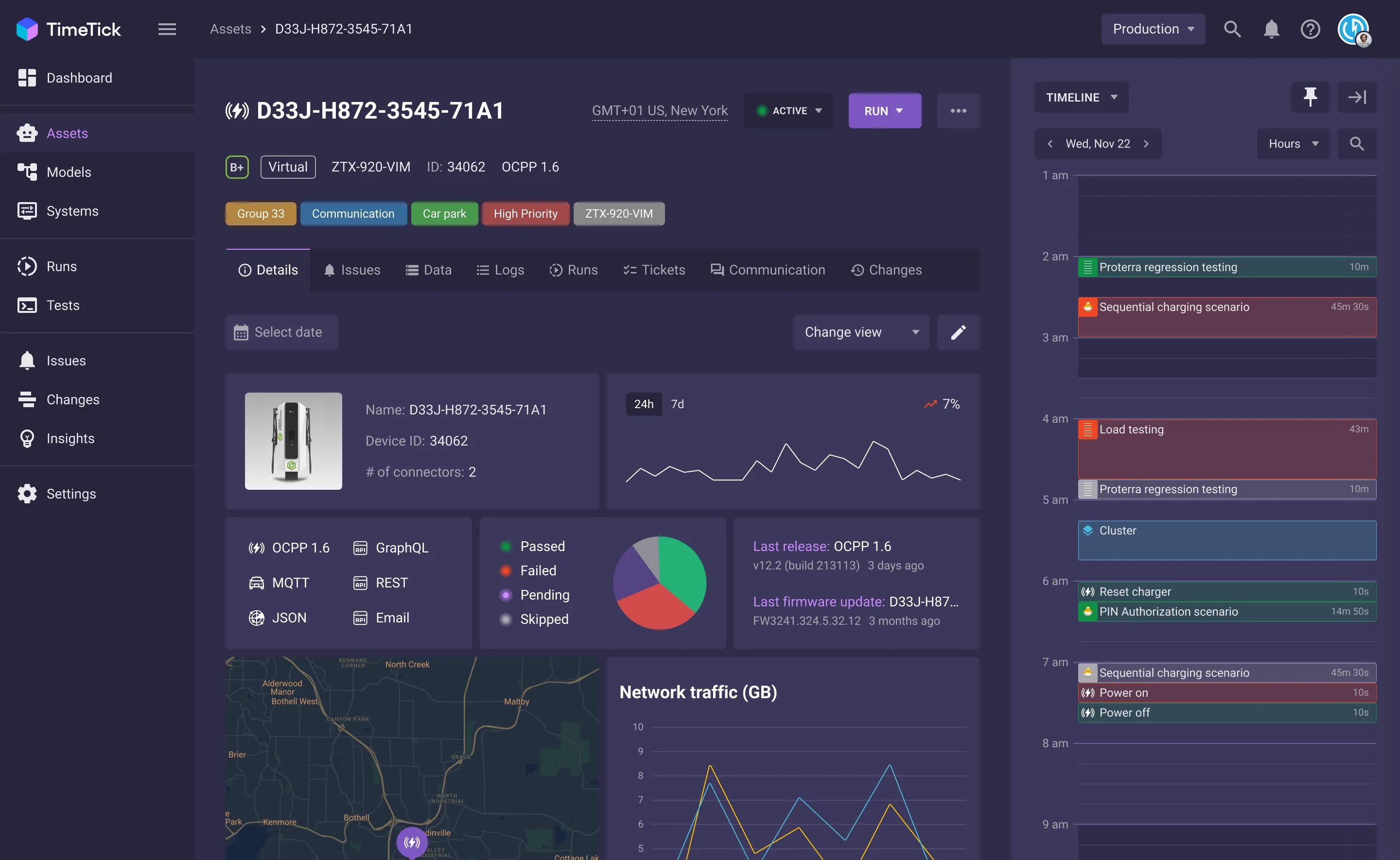 Device page with specs, metrics, map, network traffic, and a run timeline