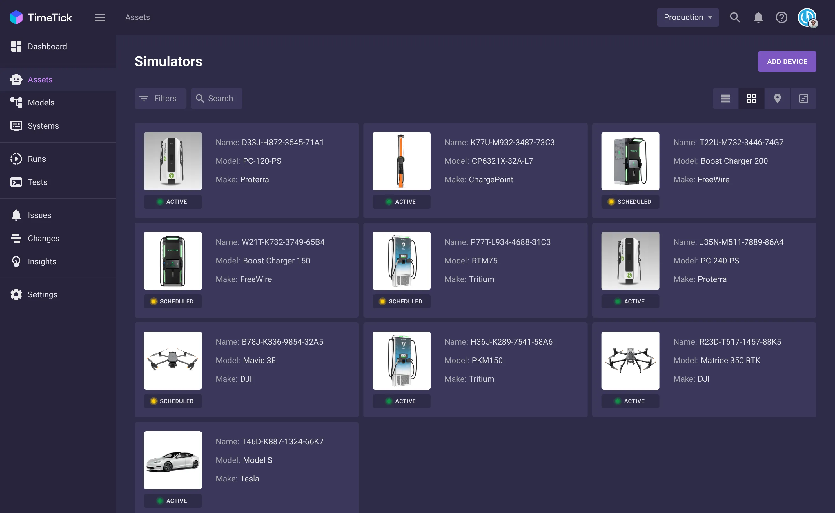 The same device list as cards with hardware photos and status