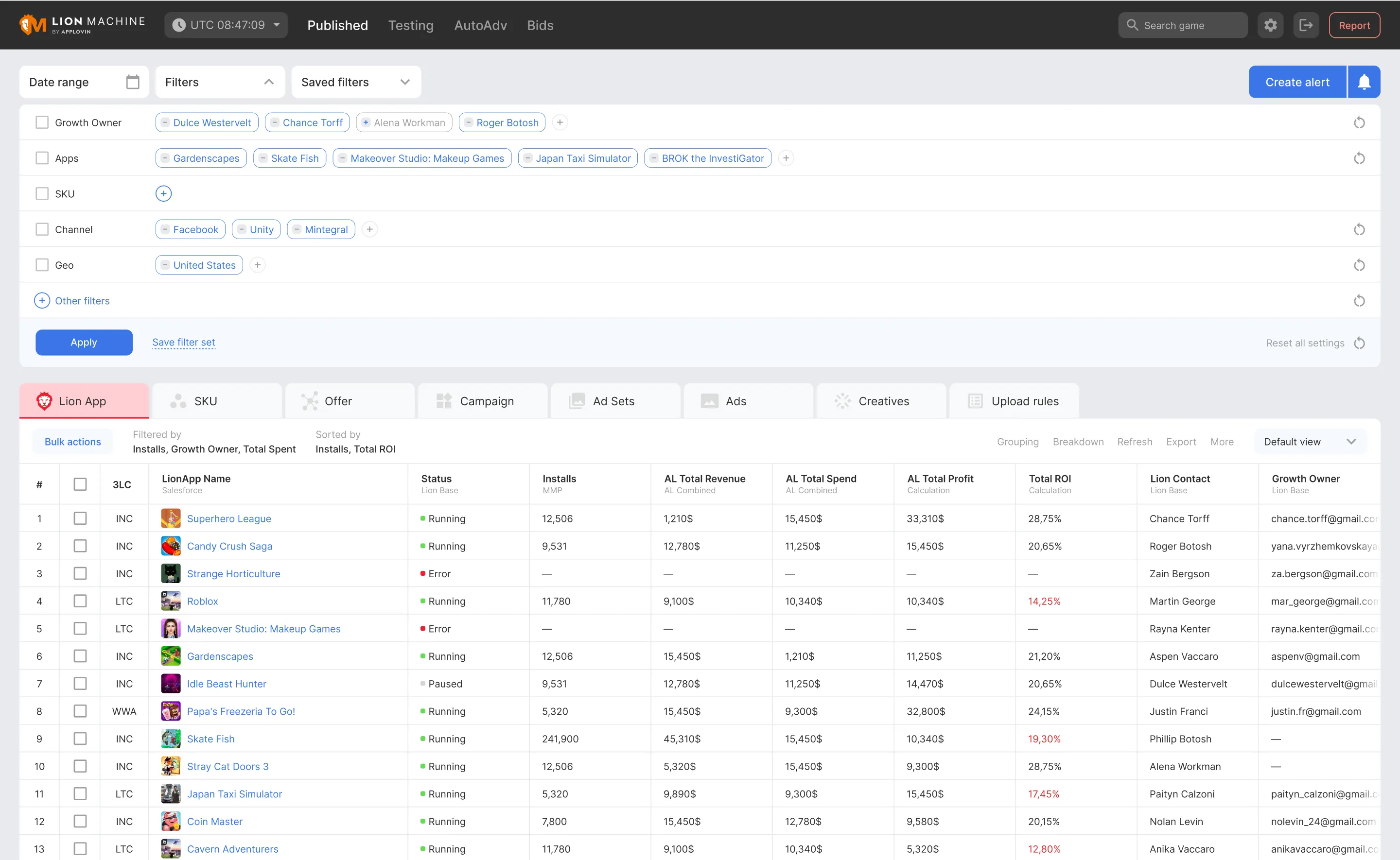 LionMachine campaign table with filters and growth metrics