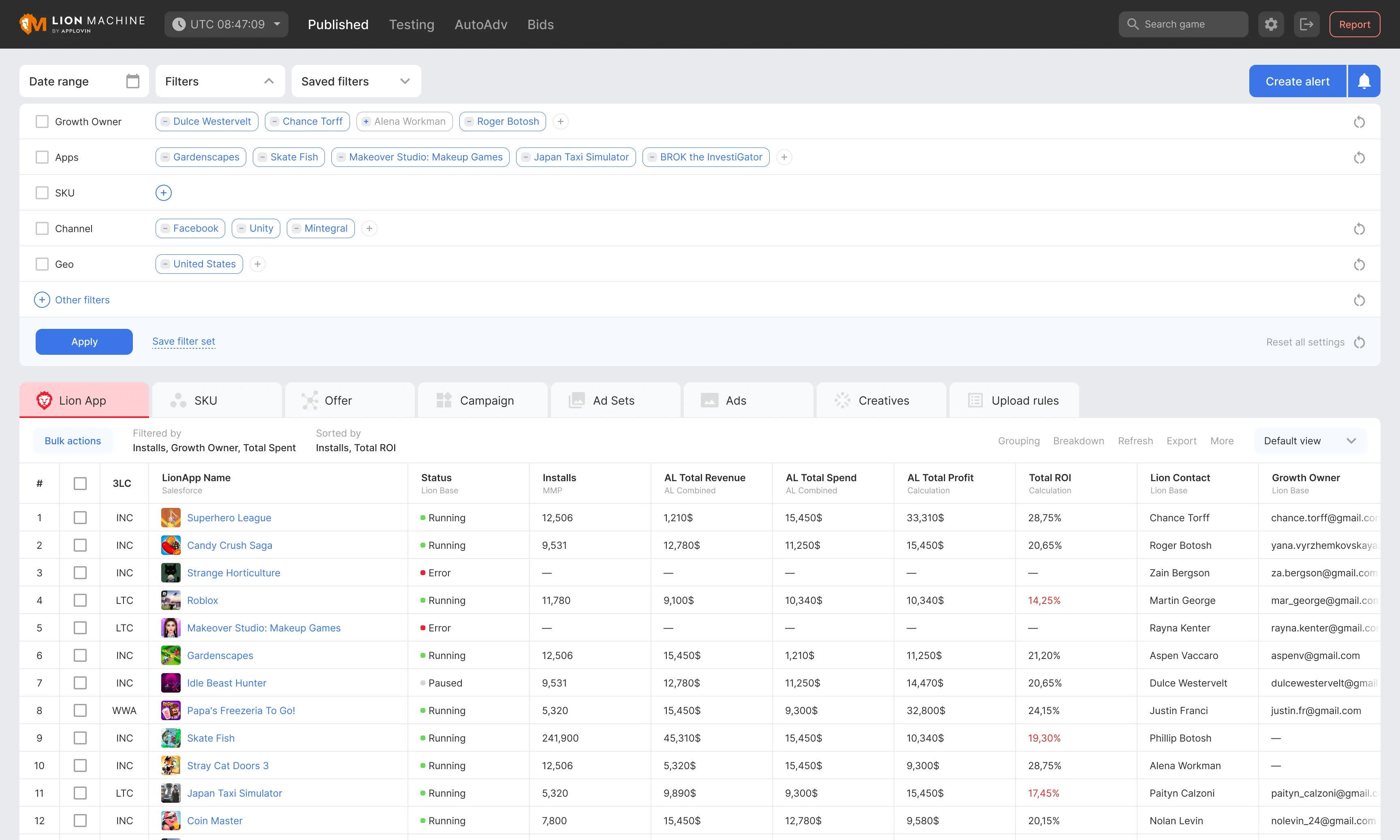 Filter panel with growth owner, apps, channel, and geo