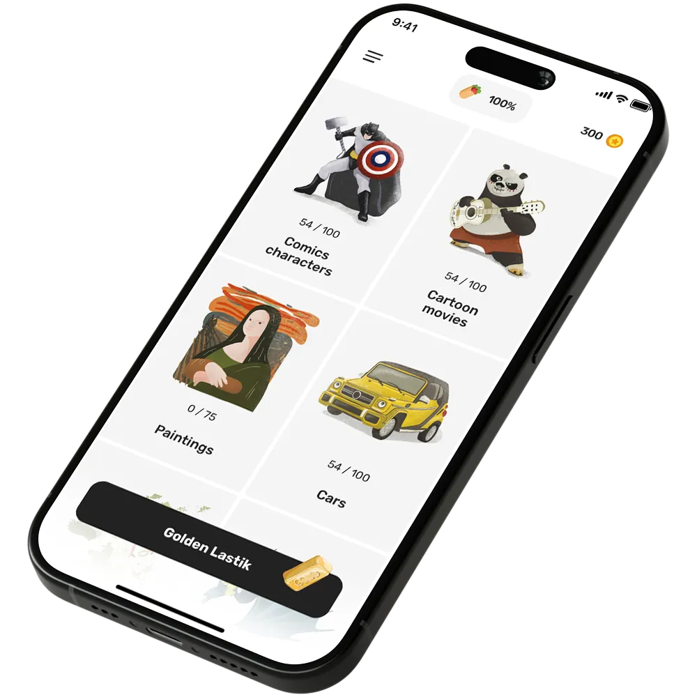 Lastik game category screen with illustrated covers on an iPhone
