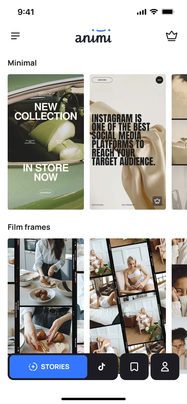Animi home screen with story templates