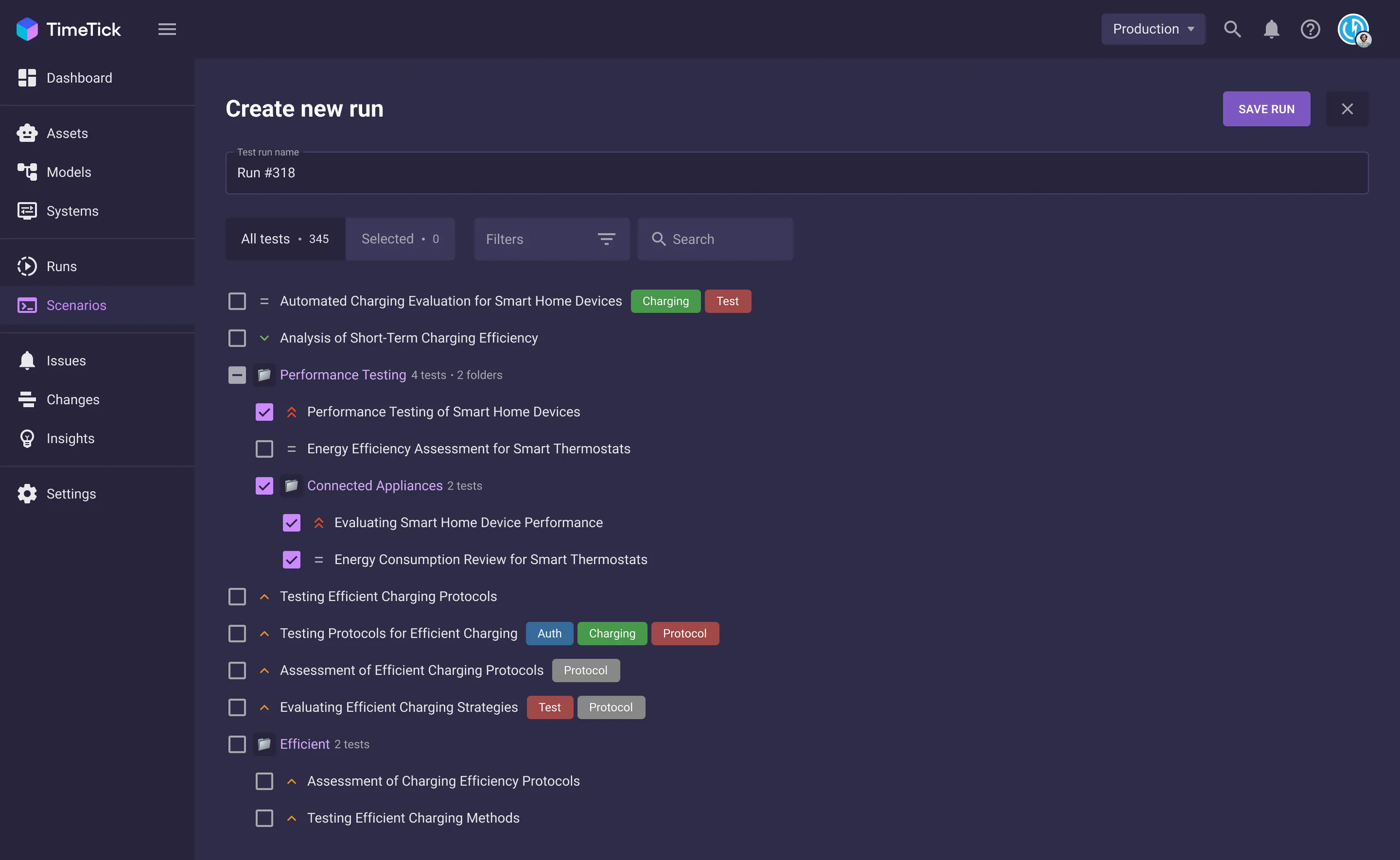 Creating a run — picking tests from a folder tree with tags and filters