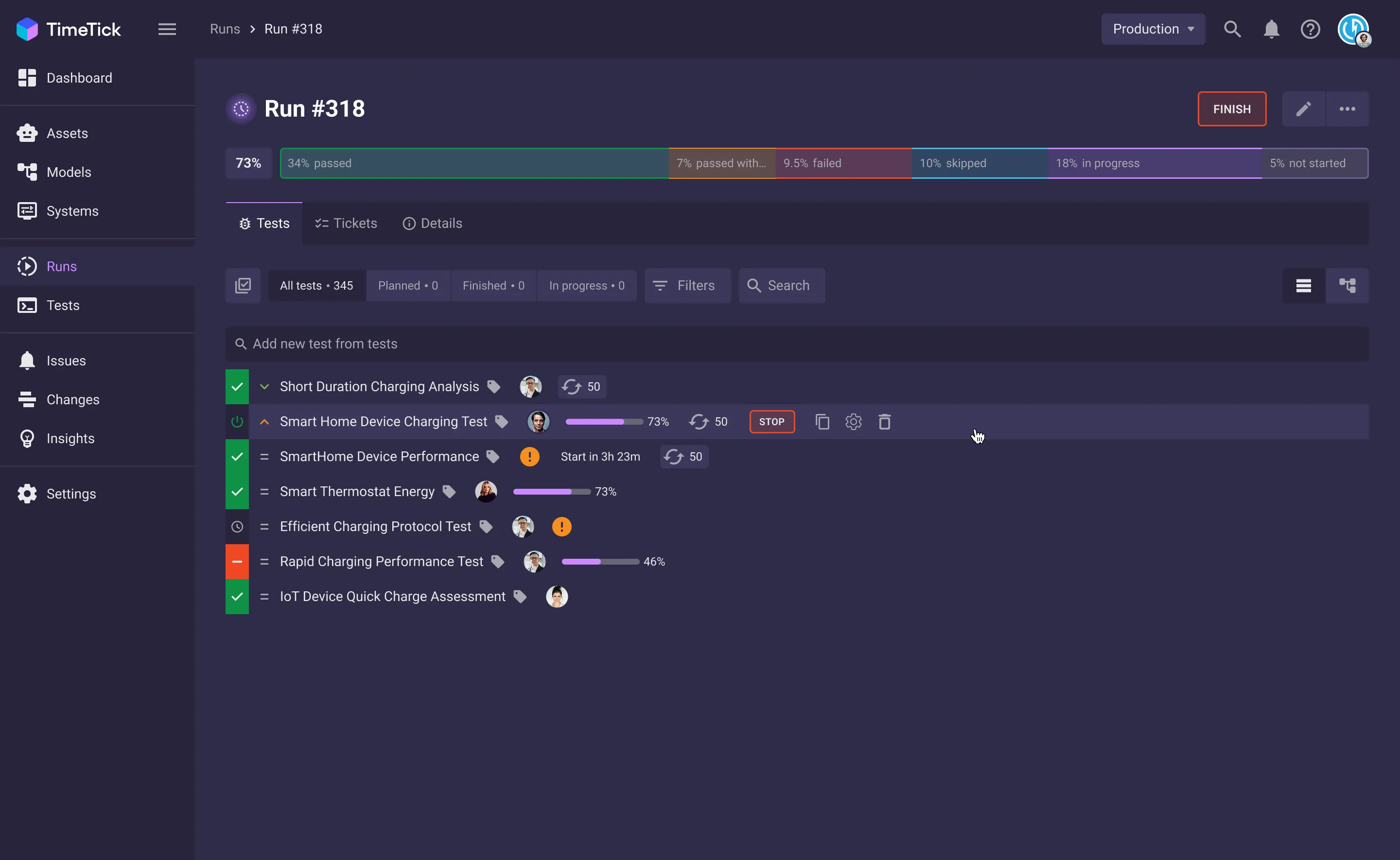 A run in progress — summary bar and per-test status