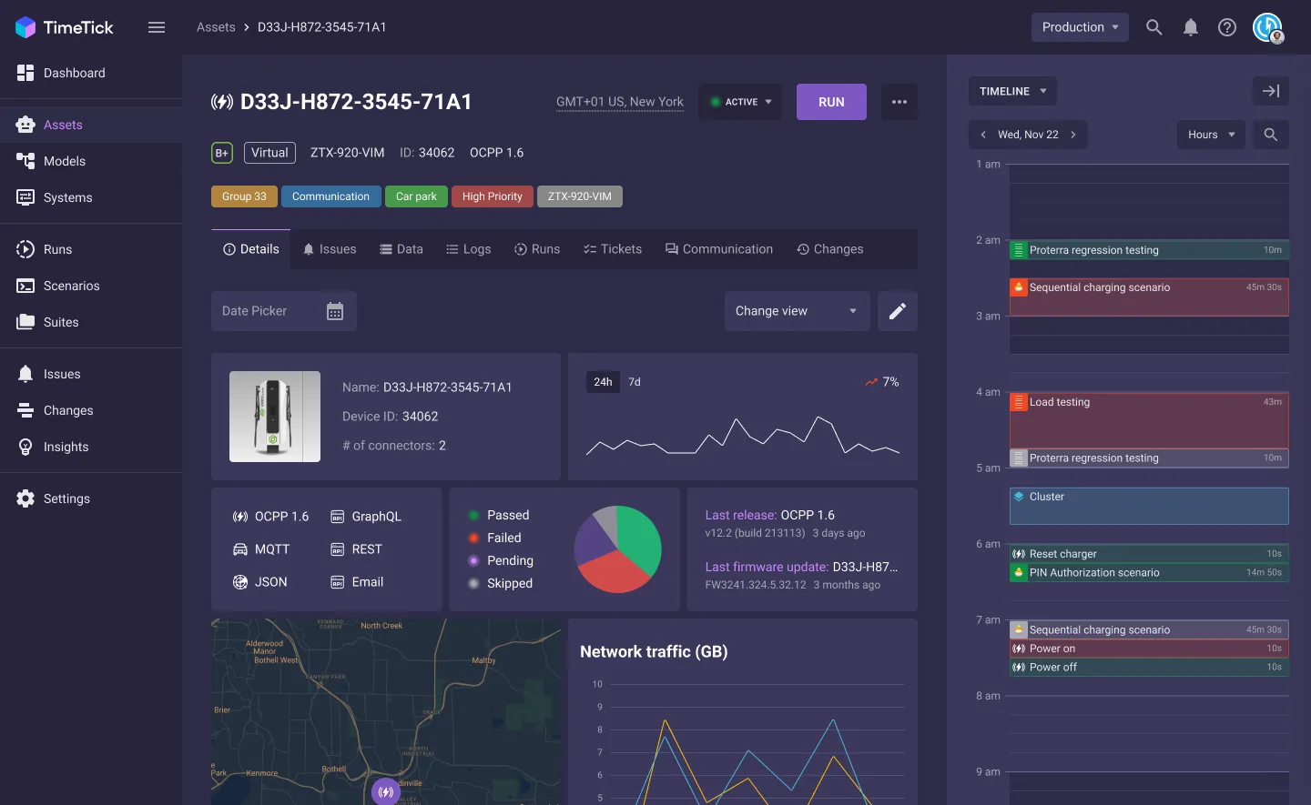 TimeTick device page with status, metrics, map, and run timeline