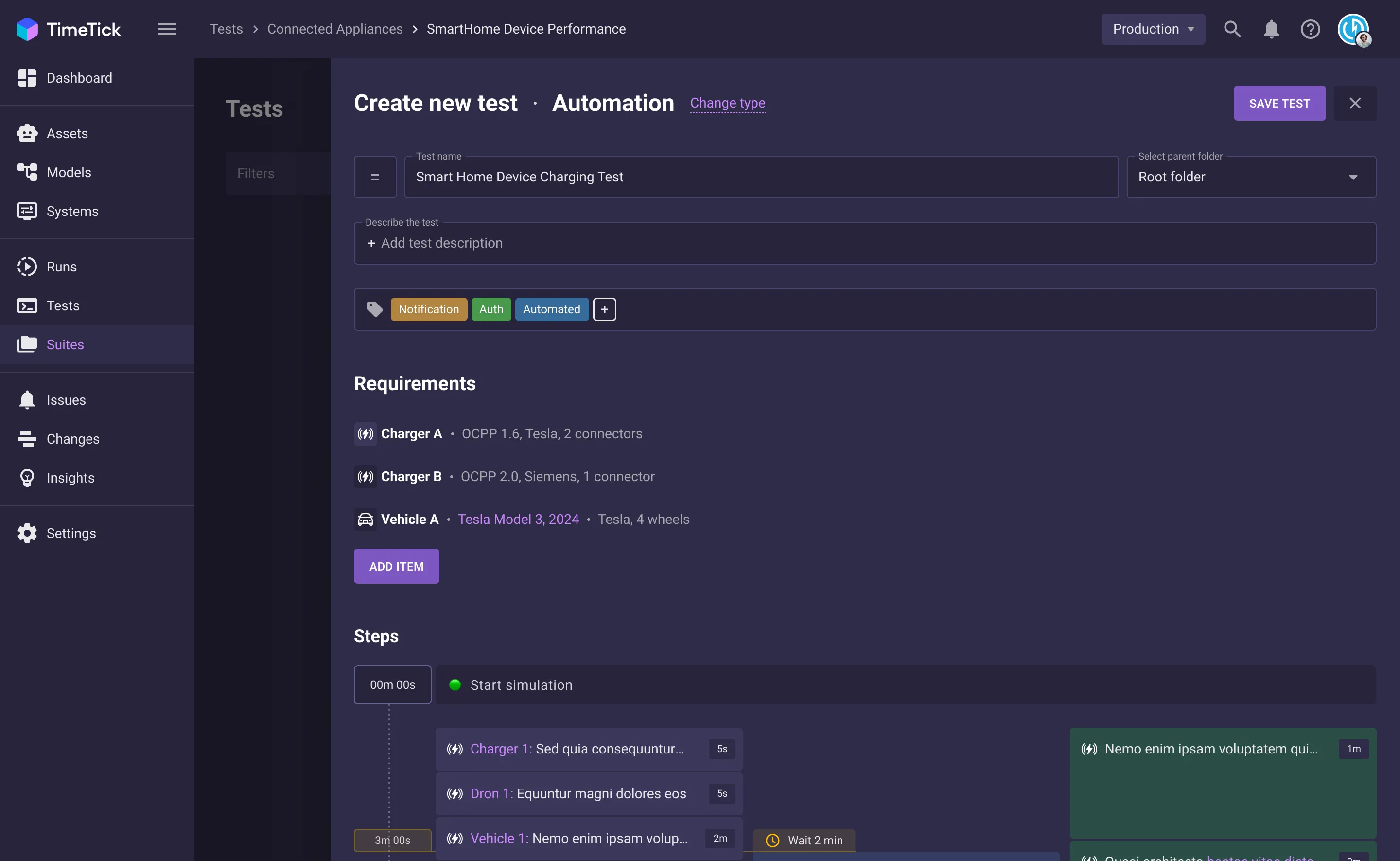 TimeTick test builder with requirements, steps, and expected results