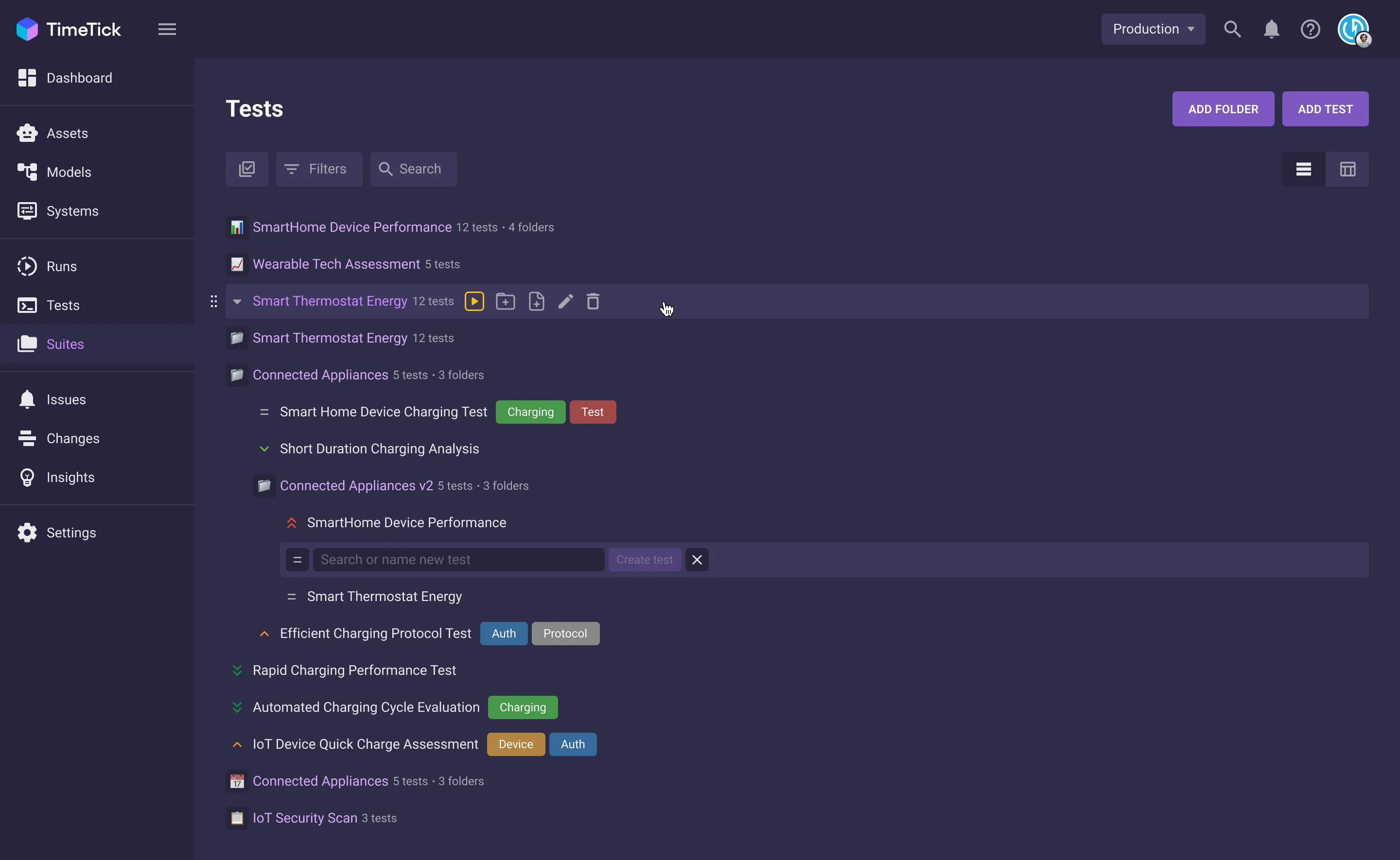 Test suites as a tree of folders with inline actions
